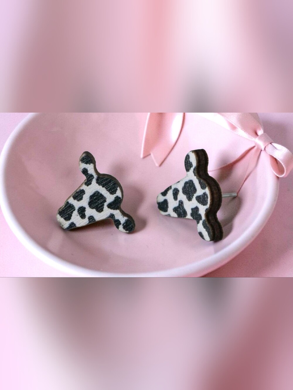 🐮Cow Print Farm County Music Steer Head Shaped Wooden Mini Stud Earrings Cute!!